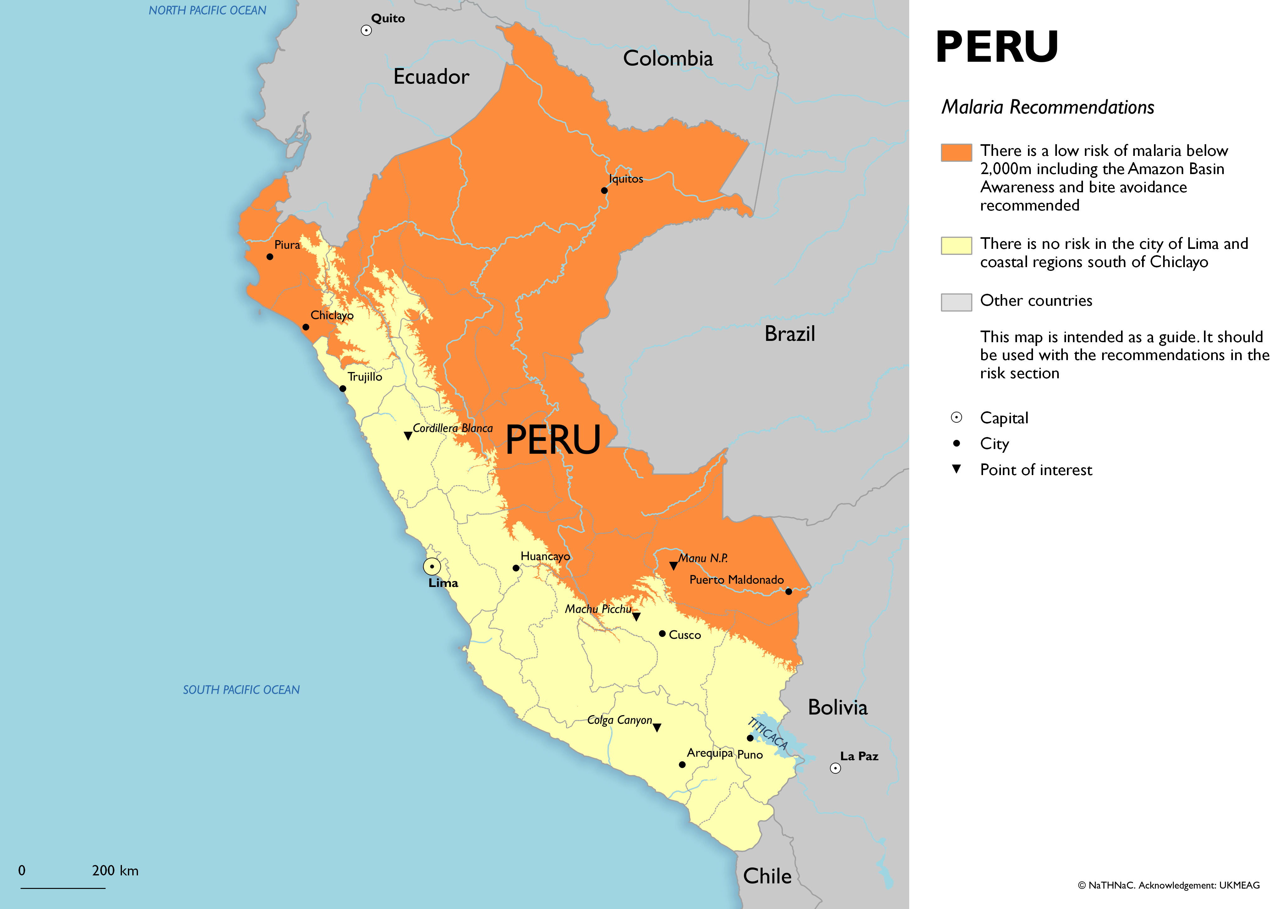 Peru malaria recommendations Map of Peru showing antimalarial recommendations
